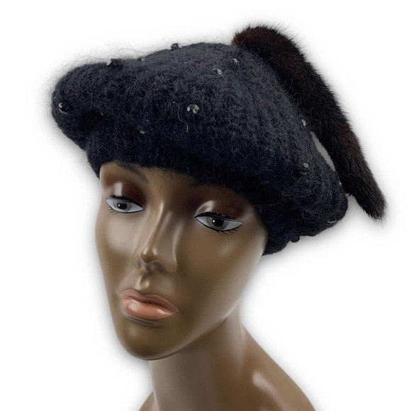 70's Italian mink tail mohair wool beaded beret winter hat - Picture 8 of 14
